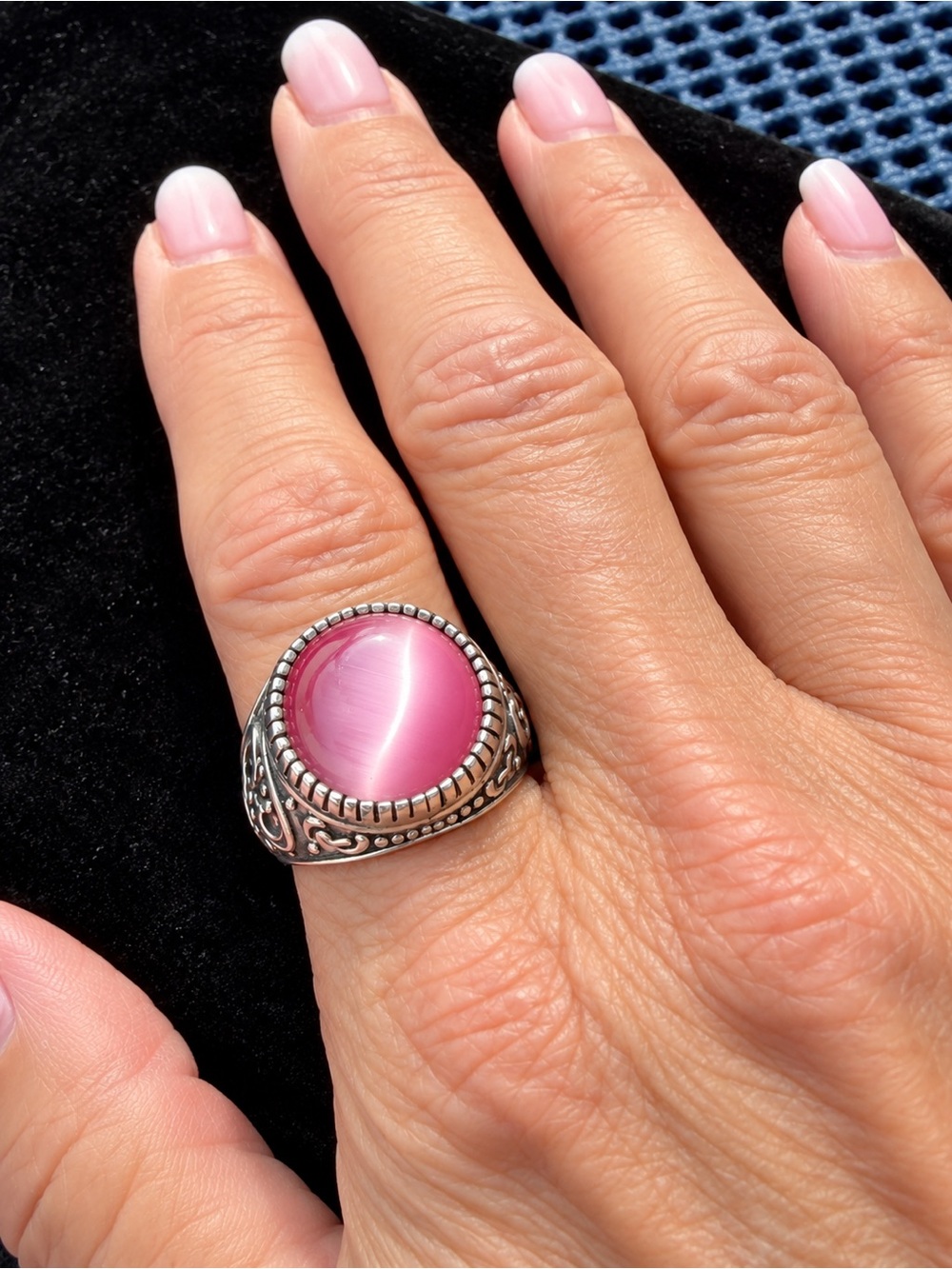 Pink Cat’s Eye Gemstone 925 Sterling Silver Ring Size 9 Ornate Statement Ring